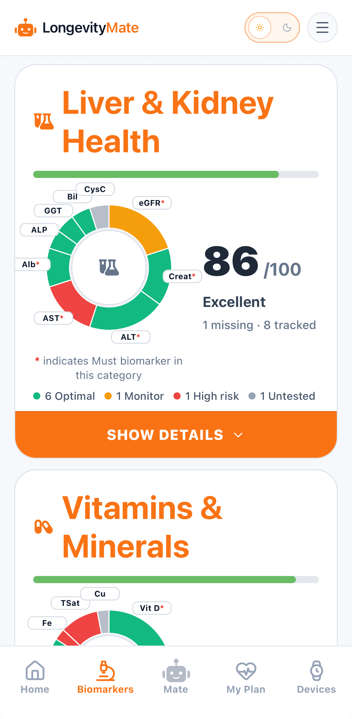 LongevityMate mobile biomarkers screen showing liver and kidney health and vitamins and minerals category cards