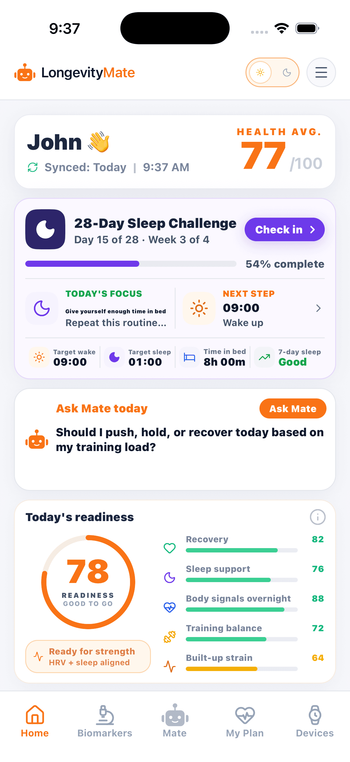 LongevityMate mobile app home screen showing sleep challenge progress, an Ask Mate training load question, readiness, and navigation
