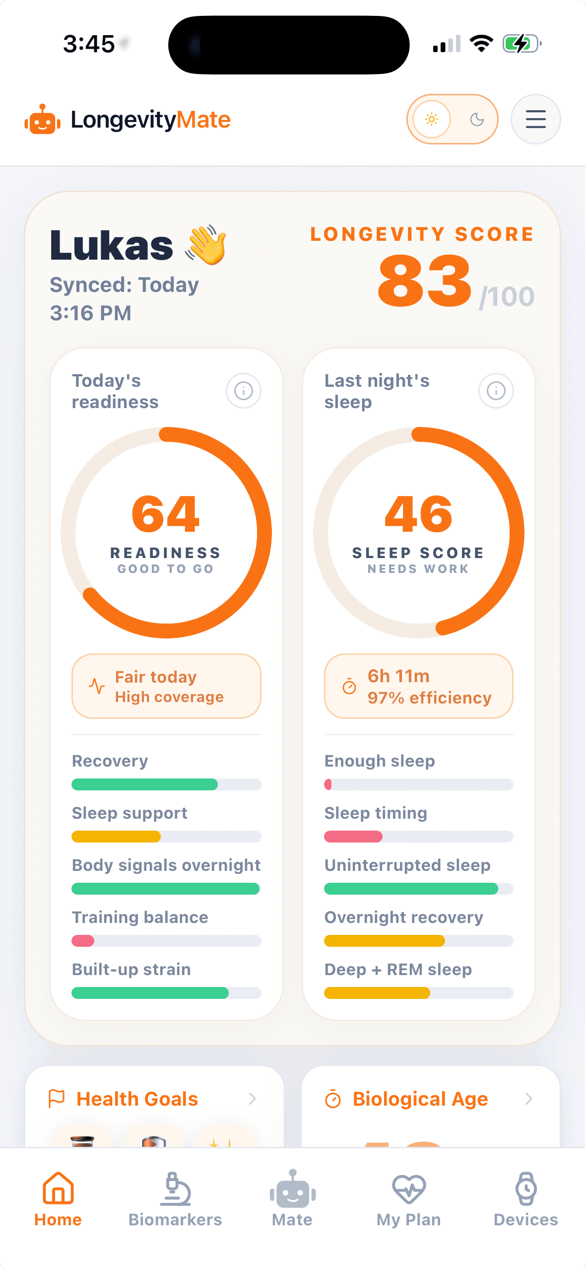 LongevityMate mobile app home screen showing Lukas' longevity score, readiness, sleep, and navigation